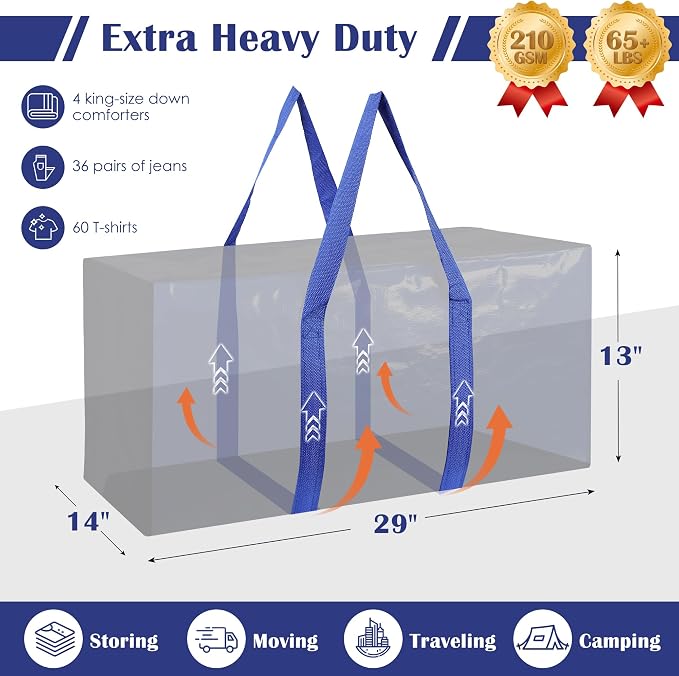 6 Pack Moving Bags with Full-Open Side Zipper, Extra Large 93L Heavy Duty Waterproof Foldable Storage Totes for College Dorm, Moving & Home Organization,Blue - Image 2