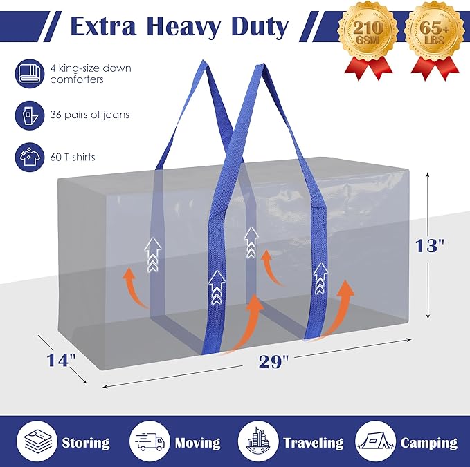 12 Pack Moving Bags with Full-Open Side Zipper, Extra Large 93L Heavy Duty Waterproof Foldable Storage Totes for College Dorm, Moving & Home Organization Blue - Image 2