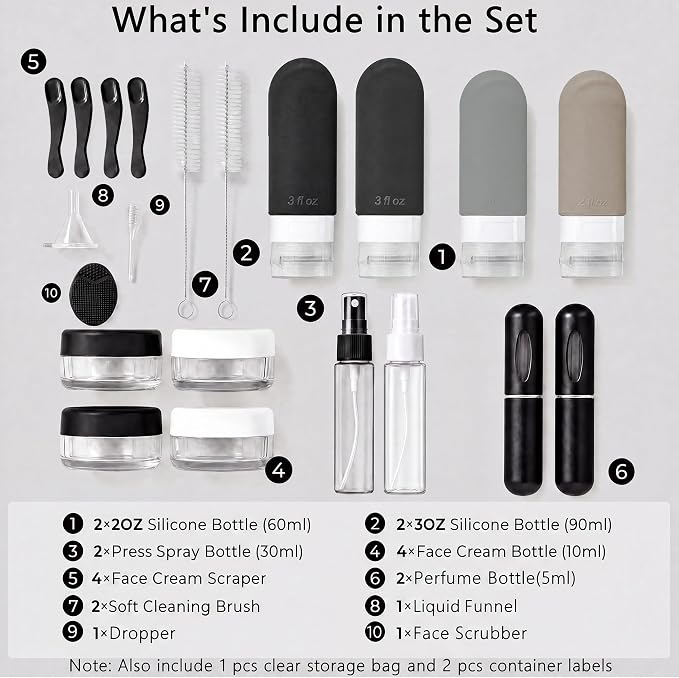 24 Pack Travel Bottles for Toiletries -TSA Approved Leak Proof Silicone Set | Refillable Travel Size Containers Kits with Perfume Spray Bottle for Shampoo, Conditioner, Lotion, Cosmetic (Black) - Image 2