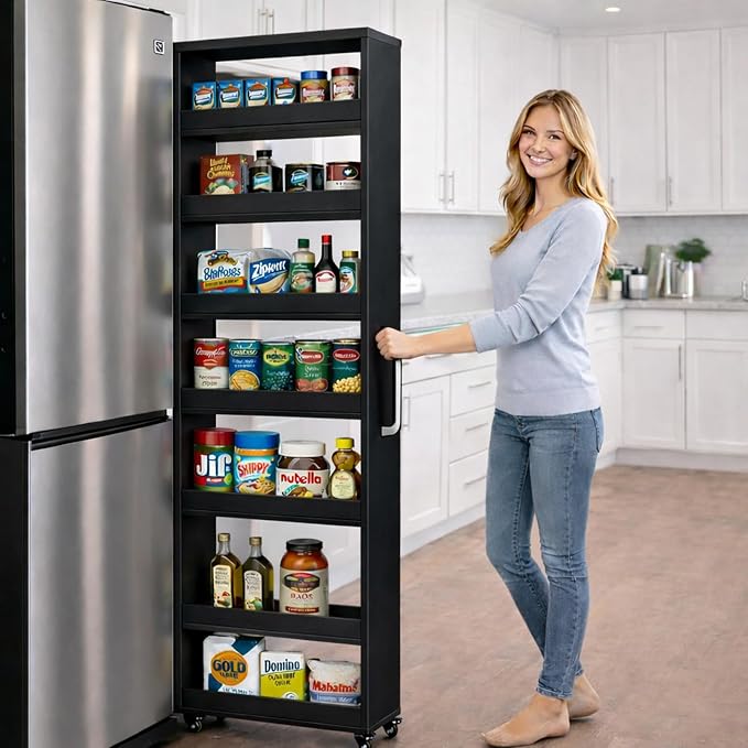 Beside Fridge Storage Slim Tall Cabinet - 7-Tier Tall Narrow Kitchen Pantry Pull Out Storage Cabinet Next To Fridge, Rolling Cart For Kitchen, Dorm, Bathroom, Laundry & Office (Black, 23.6 in) - Image 4