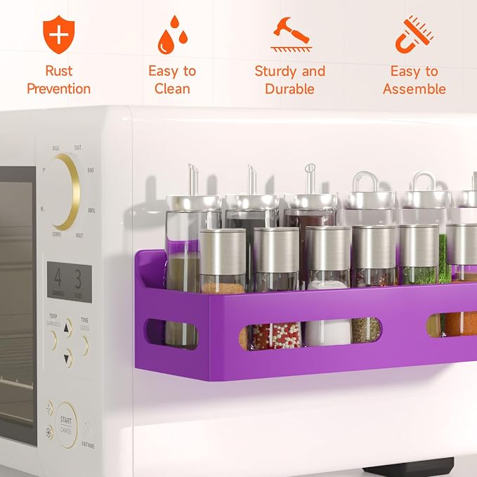 4-Pack Magnetic Spice Rack for Refrigerator with Hooks, Purple | Strong multipurpose magnetic shelf for kitchen & bathroom organization. Includes 4 removable hooks for hanging items. - Image 5