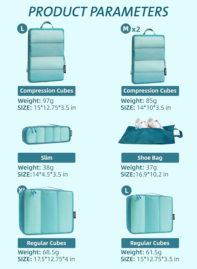 Bagail Ultralight Compression Cubes 7 Set - 3 Packing Cubes, 3 Organizers, and 1 Shoe Bag - Image 2