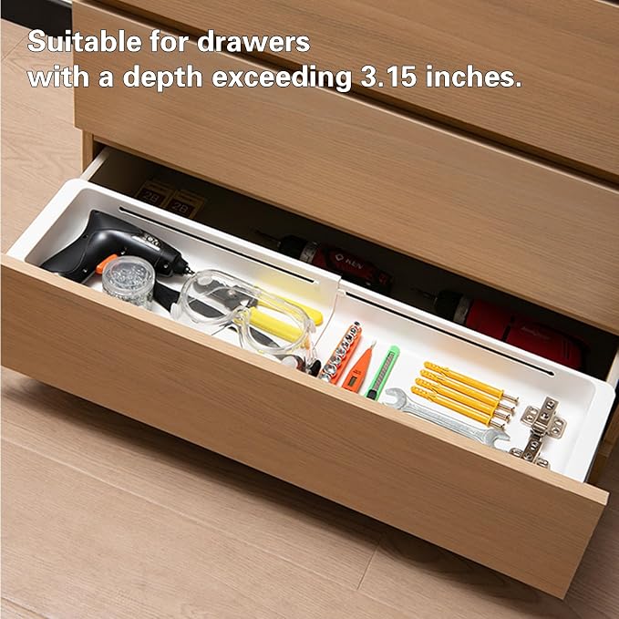 SnowTing 2 PCS Deep Drawer Organizer, 2 Sizes Expandable & Adjustable White Plastic Organizer, Sliding Drawer Storage Bins for Kitchen Utensils, Office Supplies, Cosmetics, Tools - Image 5