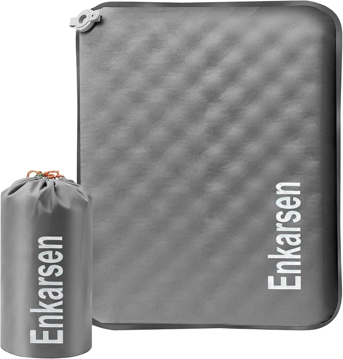 Inflatable Travel Seat Cushion – Self-Inflating Memory Foam Pad for Airplane, Stadium Bleachers, Camping, Hiking & Backpacking – Ultralight Compact & Portable Sitting Cushion (Grey) by Enkarsen