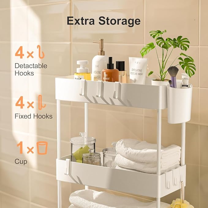 Pipishell 4 Tier Slim Storage Cart with Wheels, Laundry Cart, White | 7.1 inch Wide - Fits Narrow Spaces, Storage Cup and 6 Hooks, Ventilation Holes, Durable ABS Material, Detachable Wheels - Image 5