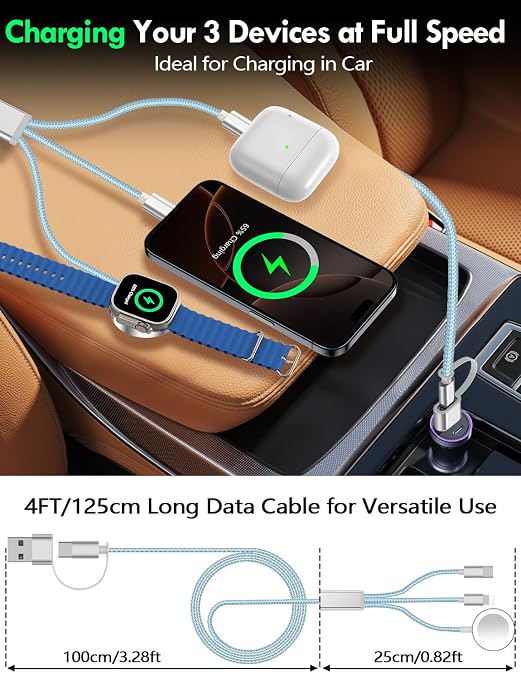 Travel Essentials for Apple Watch Charger,iPhone Charger,3 in 2 Type C/Lightning/Magnetic Travel Charging Cable,Portable Multi Charging Cable for Apple Watch, iPhone 17‑11,Samsung S26,Car,iPad-4FT - Image 7