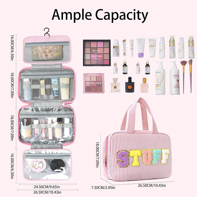 Travel Toiletry Bag for Women Chenille Letter Cosmetic Bag Fashion Stripes Water-resistant Makeup Bag with Hanging Hook for Store Toiletries Cosmetic Accessories Medium Pink - Image 4
