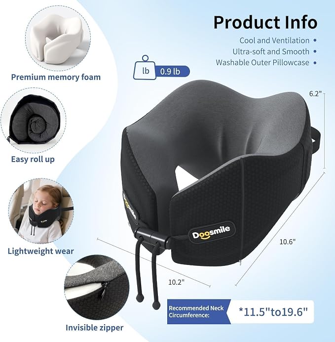 Patented Head-Bobble-preventing Ergonomic Travel Neck Pillow Combo | Game-Changer Adjustable & Detachable Seat Strap for Head-stability，Exclusive Golden Formula Memory Foam，3D Contoured Eye Mask - Image 6