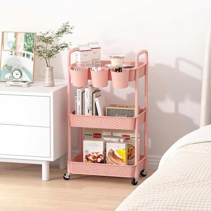 MOYIPIN 3-Tier Plastic Rolling Utility Cart with Handle,Pink | Utility Storage Cart for Office, Living Room, Kitchen,Movable Storage Organizer，Easy installation，Rattan-like art design - Image 7