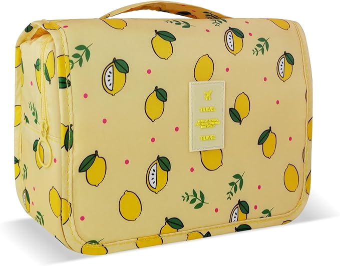 Lcsmaokin Large Capacity Toiletry Bag Travel Bag with Hanging Hook for Men and Women Waterproof Travel Cosmetic Bag Bathroom Storage Bag for Brushes Set,Full-Sized Shampoo,Accessories -Yellow Lemon by Lcsmaokin