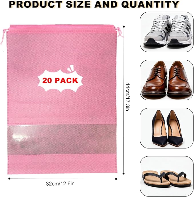 20 Pack Shoe Bags for Travel, 17" x 12.6" Drawstring Shoe Organizers with Clear Window, Breathable Non-Woven Dustproof Pouches for Luggage & Closet (Pink) - Image 2