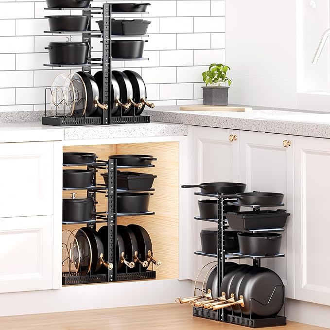 LAMU Pots and Pans Organizer under Cabinet, Adjustable Height Up to 24'', 6 Tier Pot Organizer Rack with 6 Horizontal Dividers, Adjustable Pot and Pan Organizer for Kitchen Storage, Black - Image 7