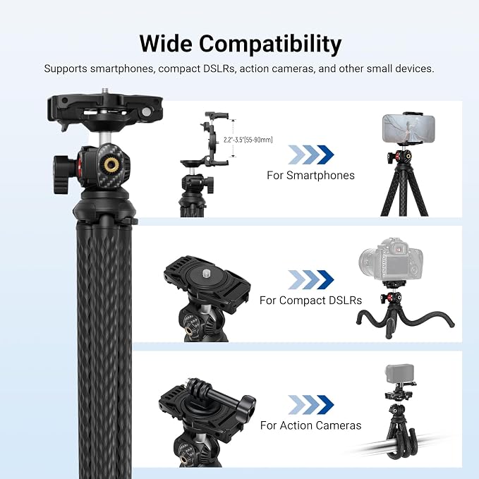 NEEWER Flexible Phone Tripod, Small Mini Camera Webcam Desk Stand, Phone Holder & Action Camera Mount Adapter Compatible with iPhone GoPro DJI Pocket 4 3 Xtra Muse Insta360 for Video Recording, TP34 - Image 7