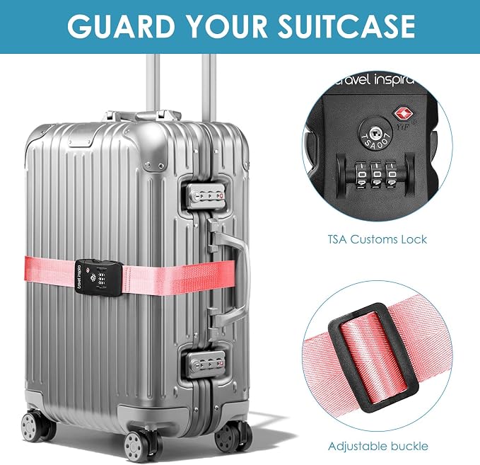 Travel Inspira Heavy Duty Luggage Straps with TSA Lock | Anti-Burst Protection; High Visibility Pink; TSA-Lock Belt with Tag; Adjustable 103-200cm; 20-28 Inch Bags; Quick Release - Image 2