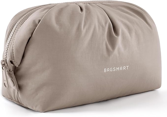 BAGSMART Makeup Bag Travel Makeup Bag, Cute Make Up Bag, Large Capacity Cosmetic Bags for Women, Wide-open Makeup Pouch Travel Essentials Toiletries Accessories Brushes (Camel) by BAGSMART