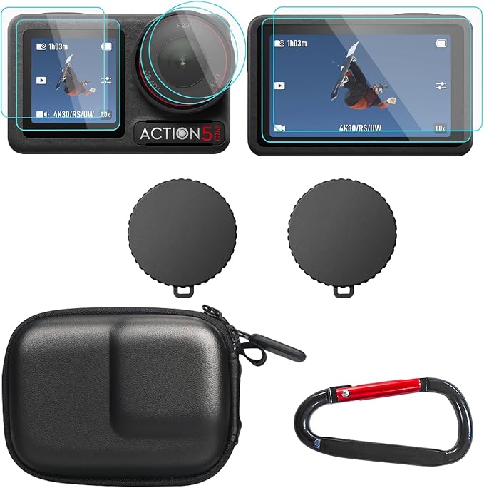 OSMO Action 5 Pro Accessories, PU Portable Mini Carrying Bag Case, Lens Screen Protectors (6 Pack) Comatible with DJI Osmo Action 5 Pro, Rubber Lens Cap Cover for DJI Action Camera by JIMOVA