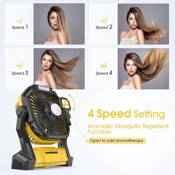 Portable Fan Rechargeable 20000mAh Cordless Battery Powered Camping Fan | with LED Lantern, Small Table Fan, USB Battery Operated Fans for Travel Bedroom Home Camping Tent Office Beach Desk Yellow - Image 3