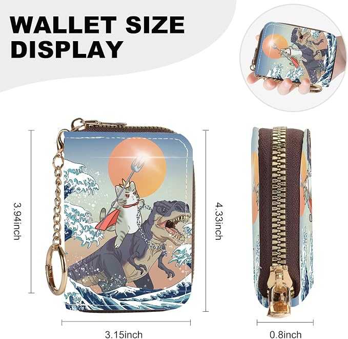 Credit Card Holder for Women,Small Rfid Wallet with Keychain Zipper,Cute PU Leather Card Case Wallet，Accordion Credit Card Wallets Gift,Cats and Dinosaurs - Image 4