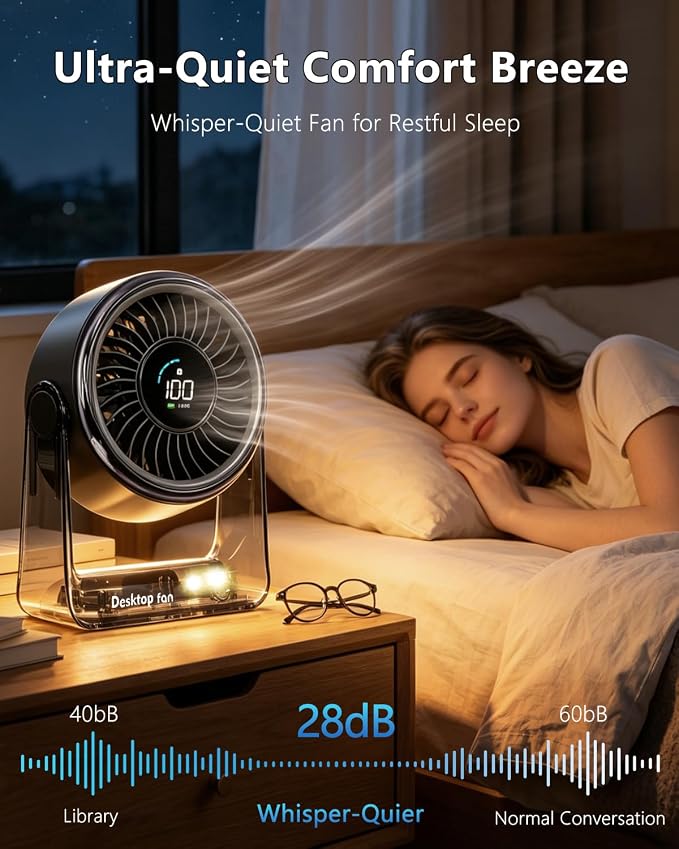 USB Small Quiet Desk Fan, Turbo Table Fan with Night Light, 6 Speeds Digital Display, 360° Rotation, 4000mAh Rechargeable Battery Air Circulator Desktop Fan for Bedroom Home Office, Black - Image 6