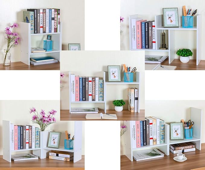 Adjustable Desktop Shelf Wood Small Bookshelf Desk Supplies Organizers and Accessories Storage Display Rack Office Decor, White - Image 6