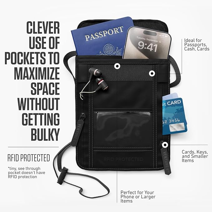 VENTURE 4TH Travel Neck Wallet, RFID Blocking Passport Holder - Sleek Black - Image 2