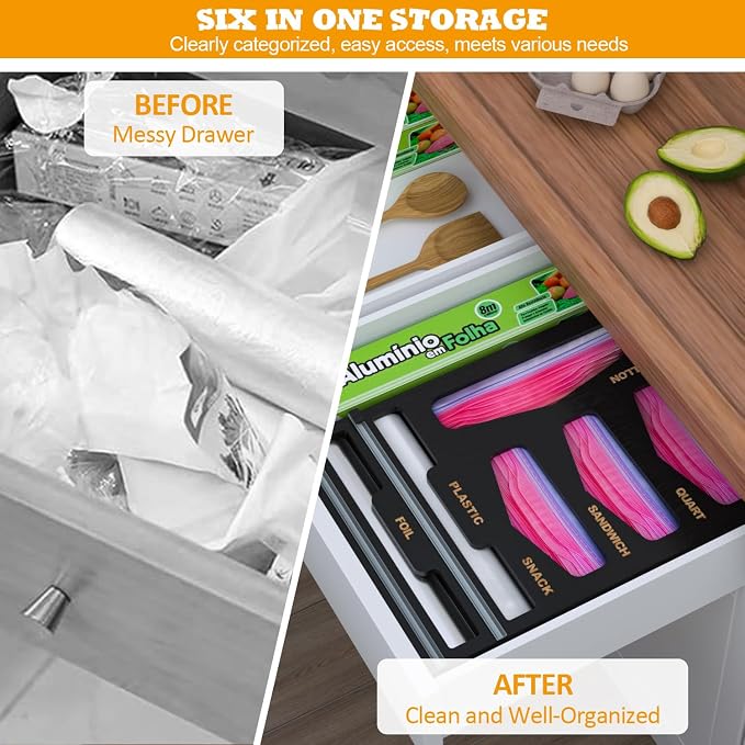 DALSHABET Bamboo Bag Organizer with Magnetic Closure, 6 In 1 Kitchen Drawer Foil and Plastic Wrap Dispenser with Cutter, Storage bag for Gallon, Quart, Sandwich, Snack Black - Image 4