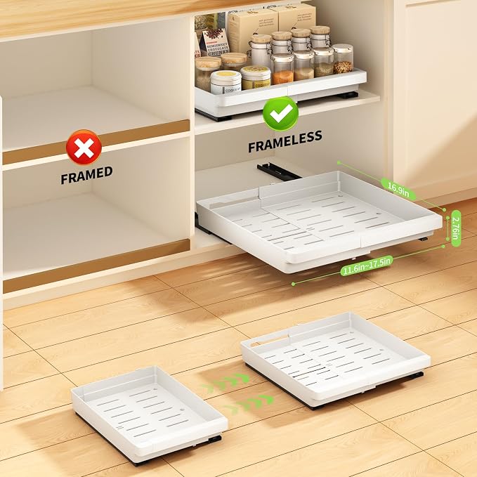 DOMNIU Pull Out Cabinet Organizers Expandable,White,16.9"Depth,4 Pack | Slide Out Drawers for Kitchen, Bathroom, Pantry, Under Sink Storage, Fixed with Adhesive Nano Film (11.6''-17.5'') - Image 3