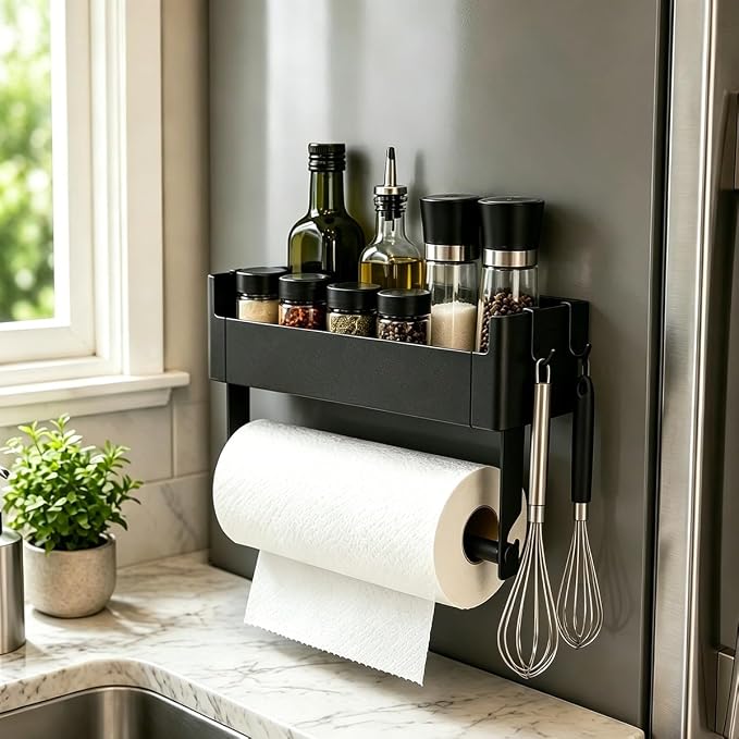 Magnetic Spice Rack for Refrigerator with Paper Towel Holder, Magnetic Spice Organizer Shelf for Small Kitchen Storage, Space Saver Container for Apartment, Black by WHALEZZ
