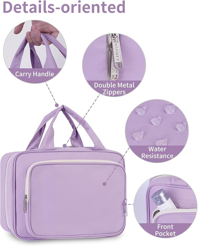 Narwey Travel Toiletry Bag for Women Large Hanging Makeup Bag Organizer Toiletries Bag for Full Size Essentials Accessories Cosmetics (Purple (Large)) - Image 8