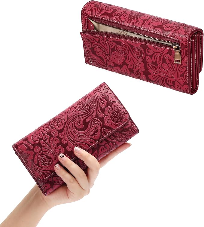 GOIACII Leather Wallets for Women RFID Blocking Western Clutch Red | Embossed Design, Trifold, Large Billfolds, Vintage Flower, Ladies Purses with Zipper Coin Pocket - Image 3