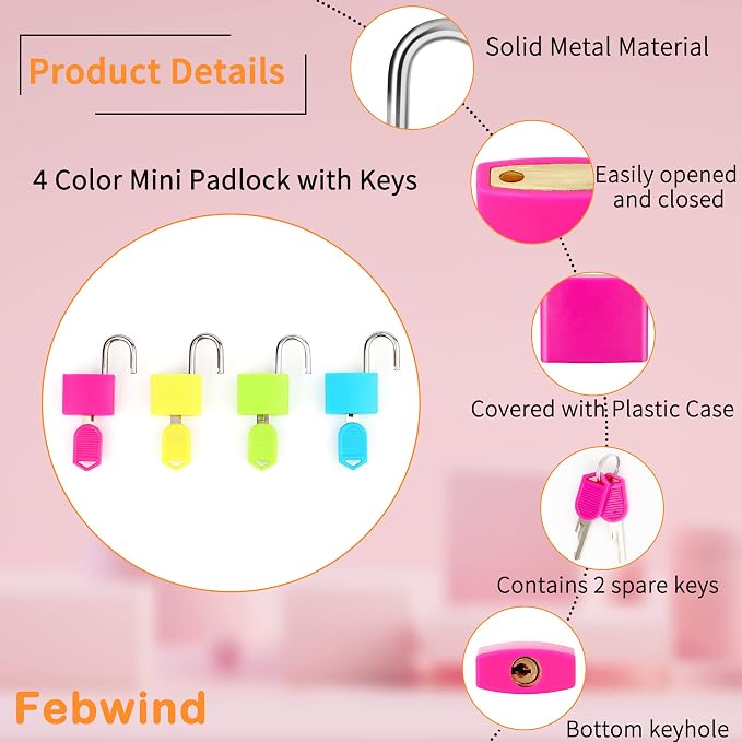 4 Pcs Suitcase Locks with Copper Keys Protect Your Belongings with Febwind's Set of 4 Mini Padlocks Multicolor Durable Locks for Suitcases Backpacks Boxes Cabinet and Laptop Bags - Image 3
