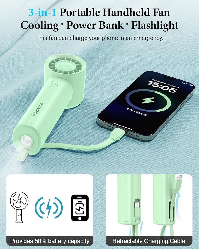 Portable Fan with Power Bank & Flashlight-Green | 6.5H Max Cooling,USB-C Rechargeable,Mini Fan for Outdoor/Travel/Beach/Concerts/Summer.Gifts for Girl,Women. - Image 3