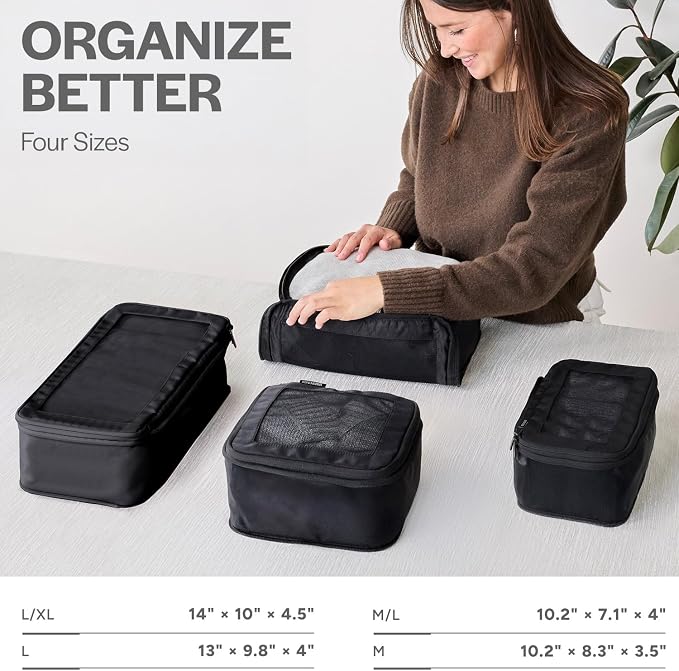 Compression Packing Cubes for Travel, 4-Pack, Black | Solves overpacking, 4-Piece set fits most carry-ons, 50% Space savings, Compression luggage organizer bags - Image 3