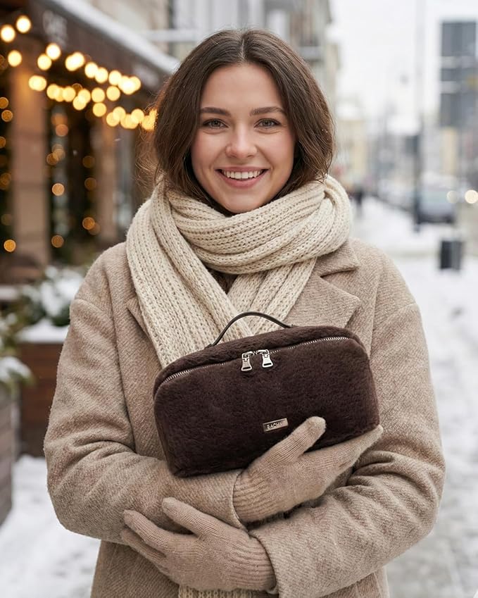 EACHY Travel Makeup Bag for Women, Faux Fur Cosmetic Bag, Brown, Medium | Faux fur bag with flat-open access, inner storage and clear TPU brush pocket for makeup, toiletries and travel essentials - Image 2