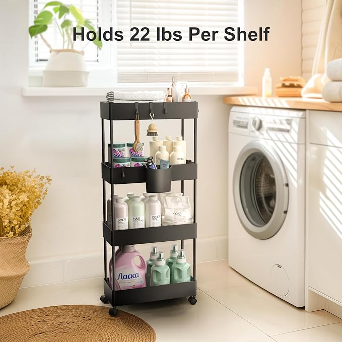 Pipishell 4 Tier Slim Storage Cart with Wheels, Laundry Cart, Black | 7.1 inch Wide - Fits Narrow Spaces, Storage Cup and 6 Hooks, Ventilation Holes, Durable ABS Material, Detachable Wheels - Image 3