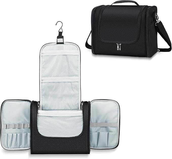 Buruis Extra Large Hanging Toiletry Bag for Women and Men, Black | Honeycomb Nylon, Detachable Shoulder Strap, Dual Zippers, Metal Hanging Hook, Full-Size Toiletry Storage, Travel Essentials by KeepYourBathroomKitchenandHomeOrganized