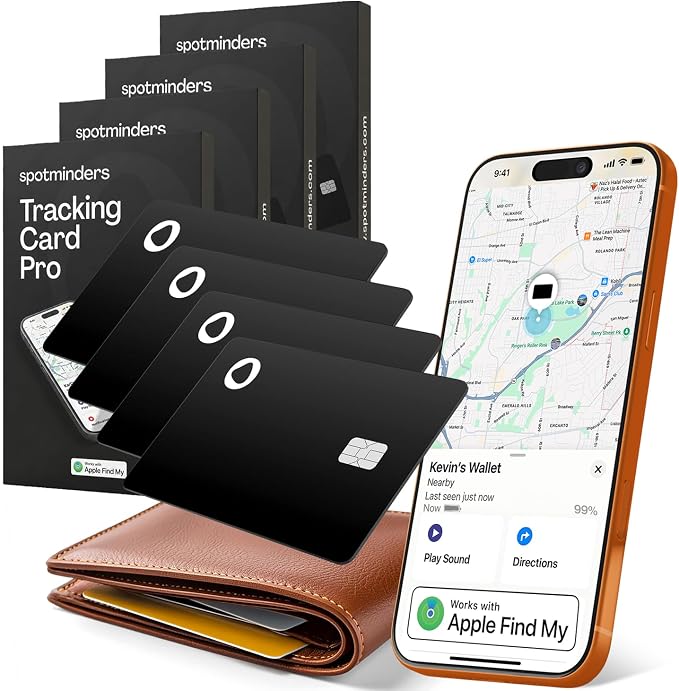 SPOTMINDERS Apple MFi Certified Credit Card Wallet Tracker PRO 4-Pack (iOS Only) Works with Apple Find My Rechargeable Tracking Card for Wallet IP68 0.07in Slim iPhone Item Finder for Luggage or Purse by Spotminders