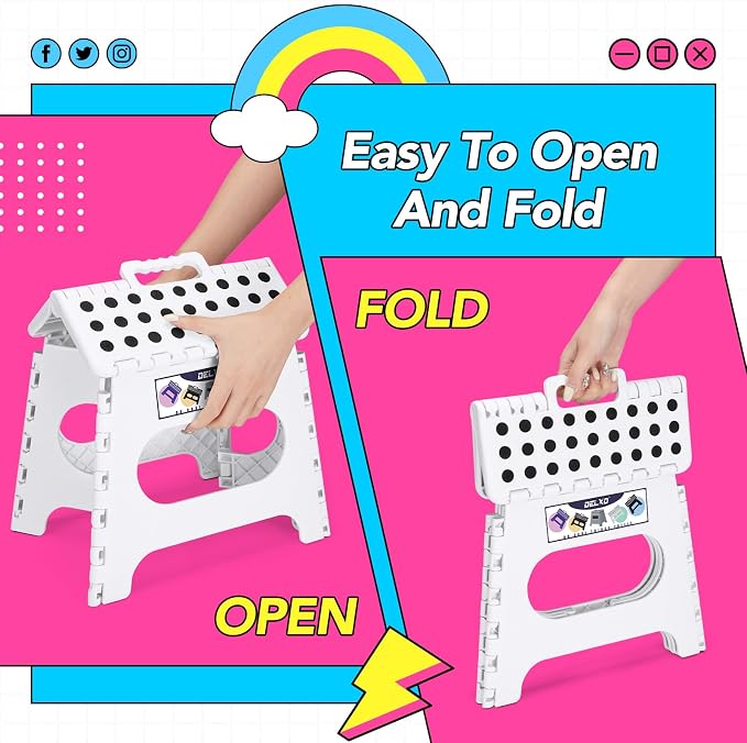 Delxo Folding Step Stool,11 Inch Non-Slip Foldable Step Stools for Kids and Adults,Portable Foldable Step Stool Lightweight Small Folding Stool with Handle for Kitchen Bathroom in White,1 Pack | Foldable Step Stool 11",Non-Slip Foot Stools with Handle,... - Image 7