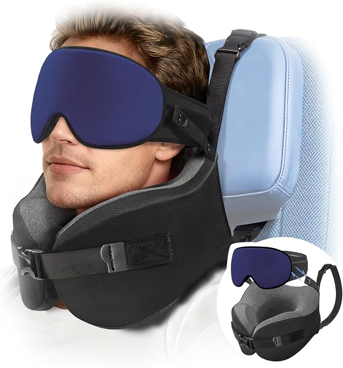 YFONG Travel Pillow with Head Support & Sleep Mask for Long Flights, Blue | Patented 360° Support System, Prevents Bobbing, Airplane Head Strap, 3D Eye Mask, Memory Foam Neck Pillow, Travel Essential by YFONG