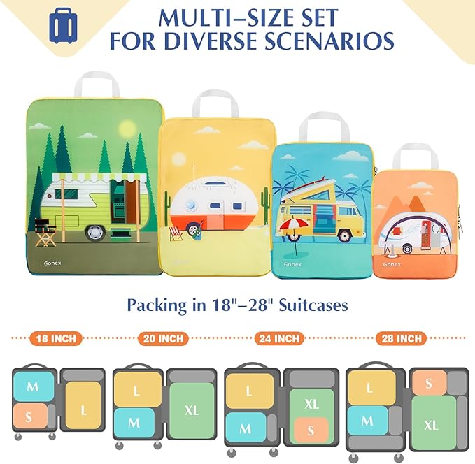 Gonex 4-Piece Compression Packing Cubes, Expandable Travel Organizers | Unique Printed Design, Ripstop Fabric, Double-Zip Compression, Carry-On Friendly, Lightweight - Image 2