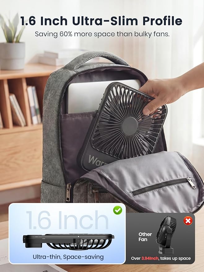 Warmco D3 10000mAh Portable Travel Fan 7-inch, Up to 24H Runtime | Ultra-Slim, Quiet Operation, Battery Powered Fan with Digital Display for Sleeping, Camping, Office, Cruise Essentials - Image 3