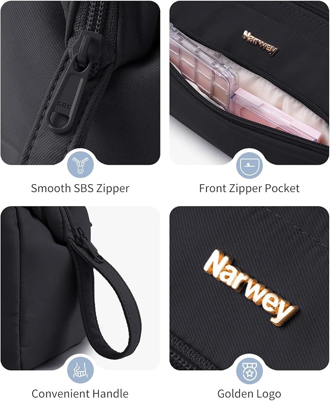 Narwey Large Travel Makeup Bag For Women Girls, Wide Open Cosmetic Bag, Portable Toiletry Bag for Cosmetics, Toiletries, Skincare, Brushes (Black) - Image 7