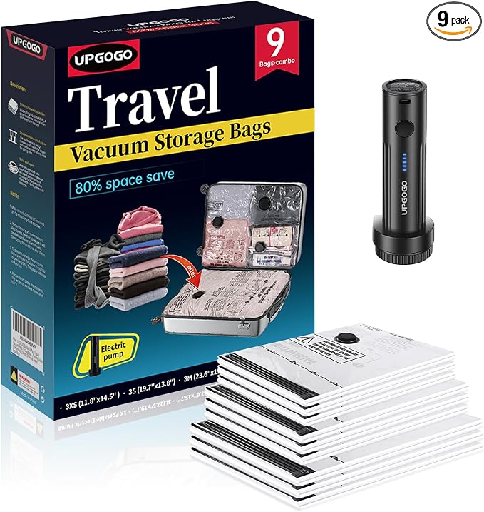 UPGOGO Travel Vacuum Bags for Luggage with Portable Electric Pump,Vacuum Seal Bags for Clothing,Packing Cubes Compression,Cruise Ship and Travel Essentials(Combo 9 Pack) by UPGOGO