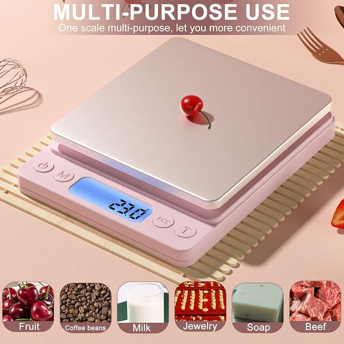 Digital Food Scale for Food Ounces and Grams，YONCON 3000g/0.1gram Accuracy Multifunctional Kitchen Scale for Cooking, Baking | Small Size for Easy Storage | Tare Function, Pink - Image 6