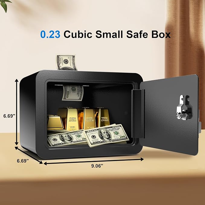 Mini Safe Small Safe Box Money Safe Small Safes for Home Dorm Mini Safes for Kids Safety Box for Cash Documents Kids Lock Box with Key Black (0.23 Cubic Feet) - Image 2
