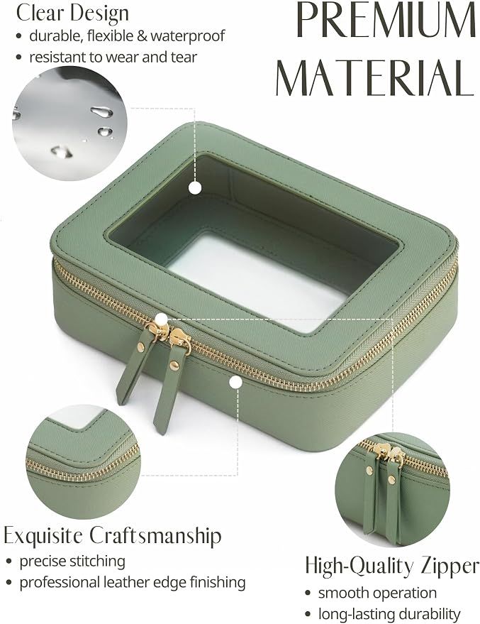 Clear Makeup Bag with Zipper, Set of 2, Mini and Medium, Sage Green | Clear Travel Bags for Toiletries, Structured Cosmetic Case for Women, Waterproof PU Leather, Wide Open Portable Car Organier - Image 3