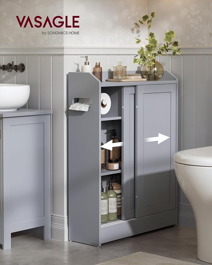 VASAGLE Slim Bathroom Storage Cabinet, Sliding Doors, Dove Gray | Adjustable Shelves，Toilet Paper Holder, Brush Compartment, 23.6 x 7.9 x 31.5 Inches, SIREN Collection UBBC752G02 - Image 2