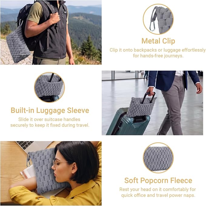 Travel Blanket with Bag, Soft Fleece Portable Airplane Blanket, Grey | Soft fleece travel blanket 50x60in grey. 5-in-1: pillow, lumbar support, shawl, hand warmer. Washable, luggage sleeve, clip. - Image 5