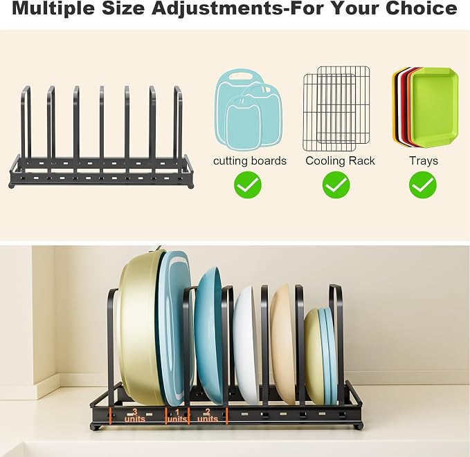 TEAMOLA Metal Cutting Board Organizer - Adjustable Bakeware Rack 2-Pack | Black Metal Kitchen Rack Organizer, Adjustable Holder Fits Pans Lids Sheets, Cabinet Counter Under Sink Caddy with 7 Slots - Image 3