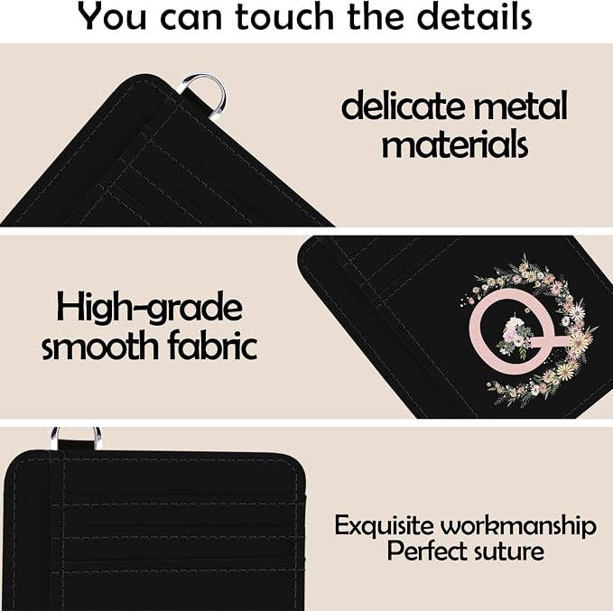 Credit Card Holder for Women,RFID Small Wallet Blocking Credit Card Holder,Slim Minimalist Wallet,Leather Card Case Holder With Keychain (Black-Q) - Image 5